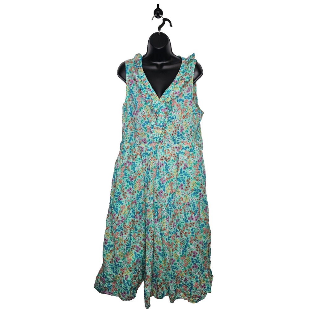 J Crew Green‎ Ditsy Floral Dress 18 Midi Smocked Ruffles Cottagecore Bloomcore